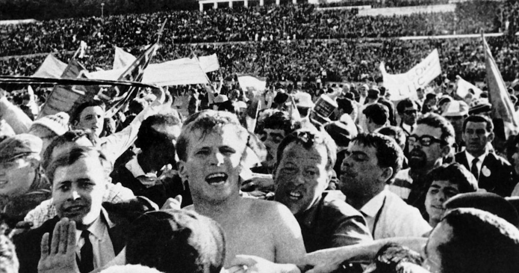 Billy McNeill is swamped by fans after Celtic's 1967 European Cup win